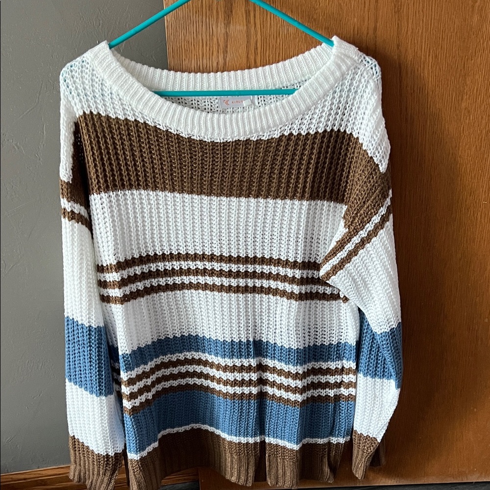 Coastal Striped Crewneck Sweater in White, Brown & Blue
